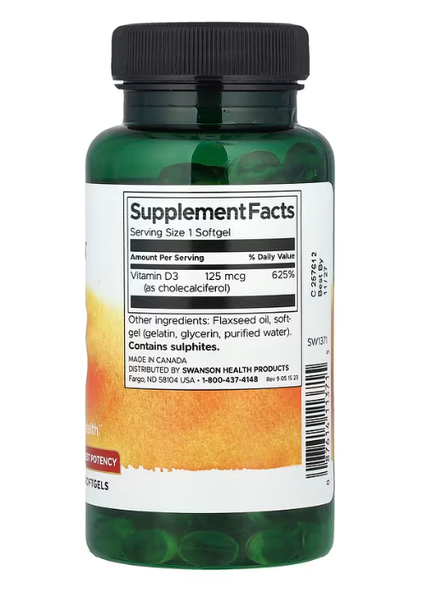 Vitamin D3 125 mcg (5000 IU) Swanson 250 softgels