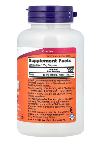 Biotin 10 mg (10000 mcg) Now Foods 120 veg capsules