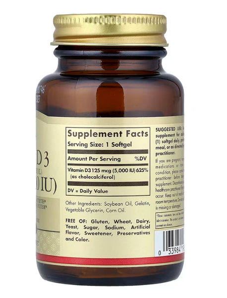 Vitamin D3 Cholecalciferol 125 mcg (5000 IU) Solgar 100 softgels