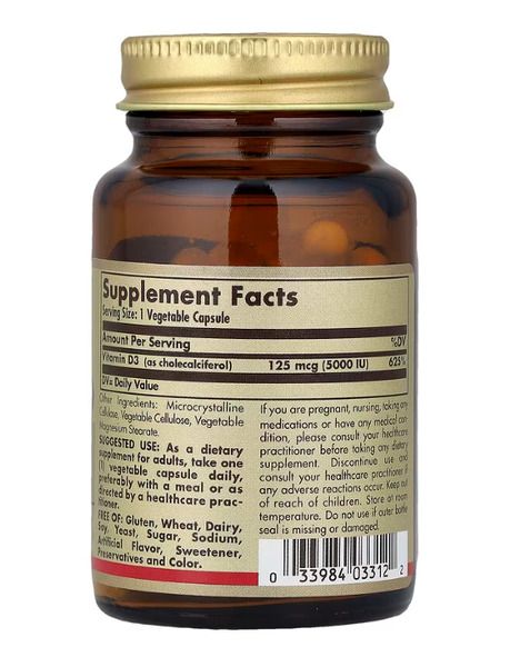 Vitamin D3 Cholecalciferol 125 mcg (5000 IU) Solgar 60 vegetable capsules