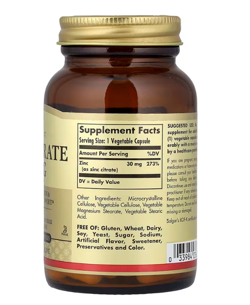 Zinc Citrate 30 mg Solgar 100 vegetable capsules