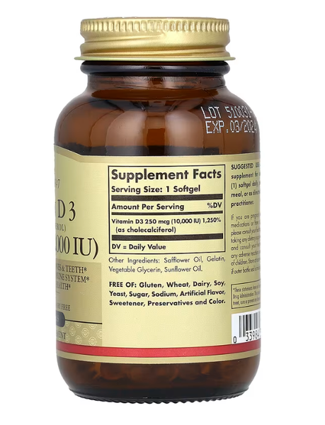 Vitamin D3 Cholecalciferol 250 mcg (10000 IU) Solgar 120 softgels