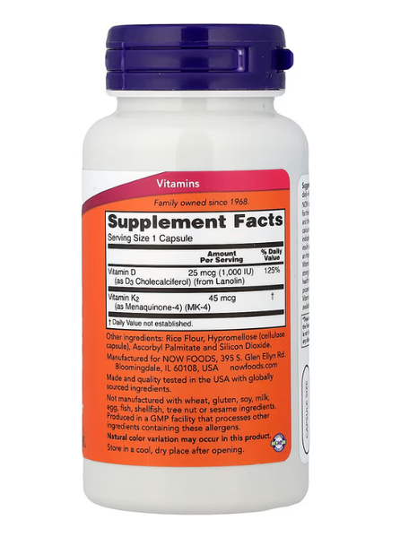 Vitamin D3 & K2 Now Foods 120 capsules