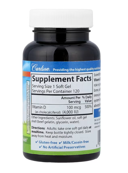 Vitamin D3 100 mcg (4000 IU) Carlson 120 soft gels
