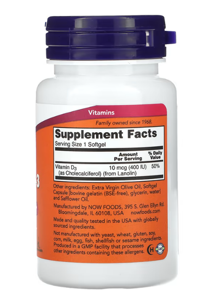 Vitamin D-3 400 IU Now Foods 180 softgels