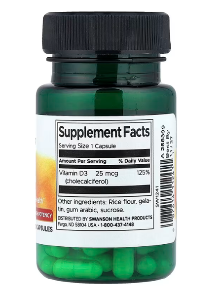Vitamin D3 25 mcg (1000 IU) Swanson 30 capsules
