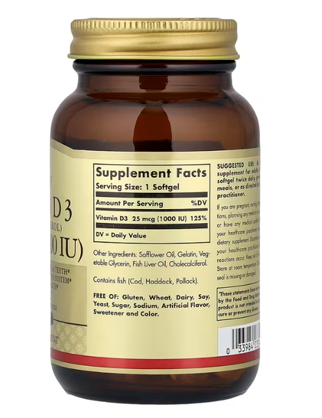 Vitamin D3 Cholecalciferol 25 mcg (1000 IU) Solgar 100 softgels