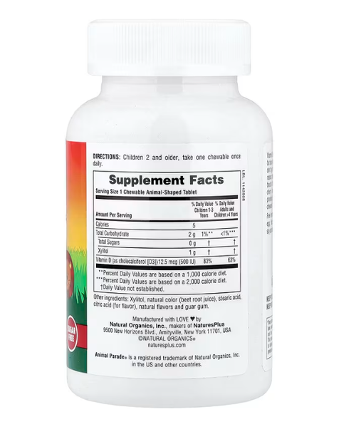 Vitamin D3 Animal Parade Black Cherry 12.5 mcg (500 IU) NaturesPlus 90 animal-shaped tablets