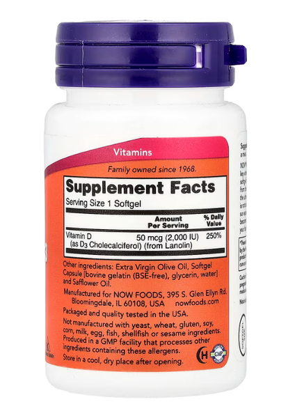 Vitamin D-3 High Potency 2000 IU Now Foods 30 softgels