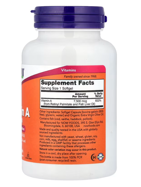 Vitamin A 7500 mcg (25000 IU) Now Foods 250 softgels