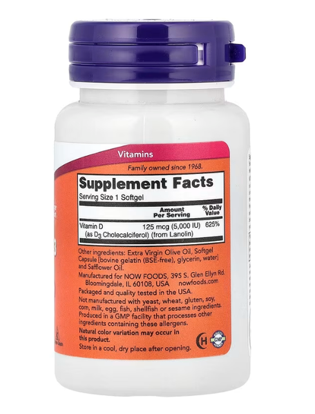 Vitamin D-3 High Potency 5000 IU Now Foods 240 softgels