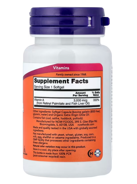 Vitamin A 3000 mcg (10000 IU) Now Foods 100 softgels