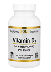 Vitamin D3 50 mcg (2000 IU) California Gold Nutrition 360 fish gelatin softgels