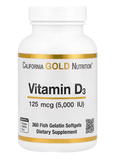 Vitamin D3 125 mcg (5000 IU) California Gold Nutrition 360 fish gelatin softgels