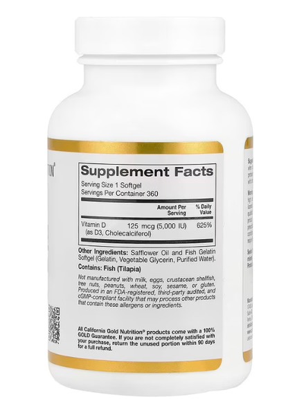 Vitamin D3 125 mcg (5000 IU) California Gold Nutrition 360 fish gelatin softgels