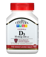 Vitamin D3 Chewable Orange 10 mcg (400 IU) 21st Century 110 tablets