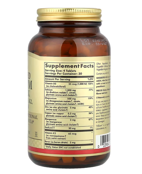 Advanced Calcium Complex + Vitamins D3 K2 Zinc Boron Solgar 120 tablets